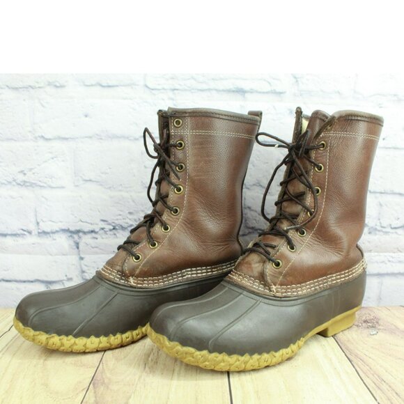 LL Bean Brown Leather Lace Up Shearling Lined Insulated Duck Boots Size 10 Wide - Picture 2 of 11